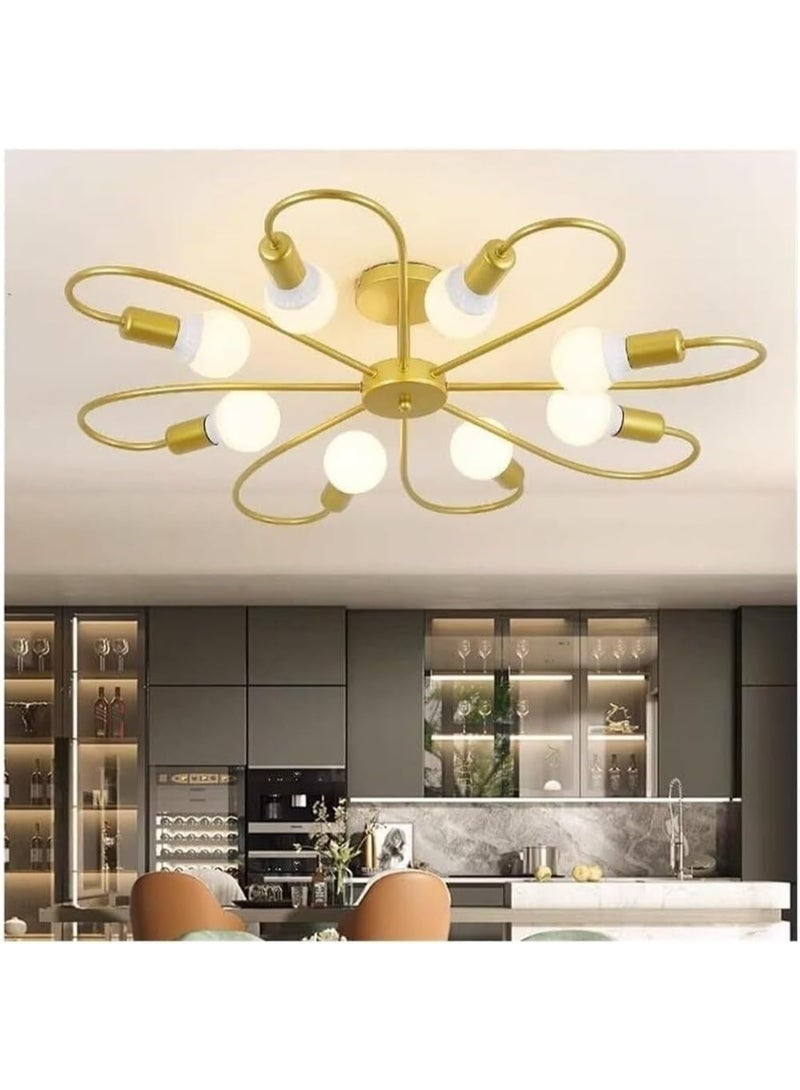 Jorunb Nordic Postmodern Gold 8-Light Semi Flush Mount Ceiling Fixture with Wrought Iron Body & Branch Design E27 Base Floral Petal Lighting for Living Room - Image 1