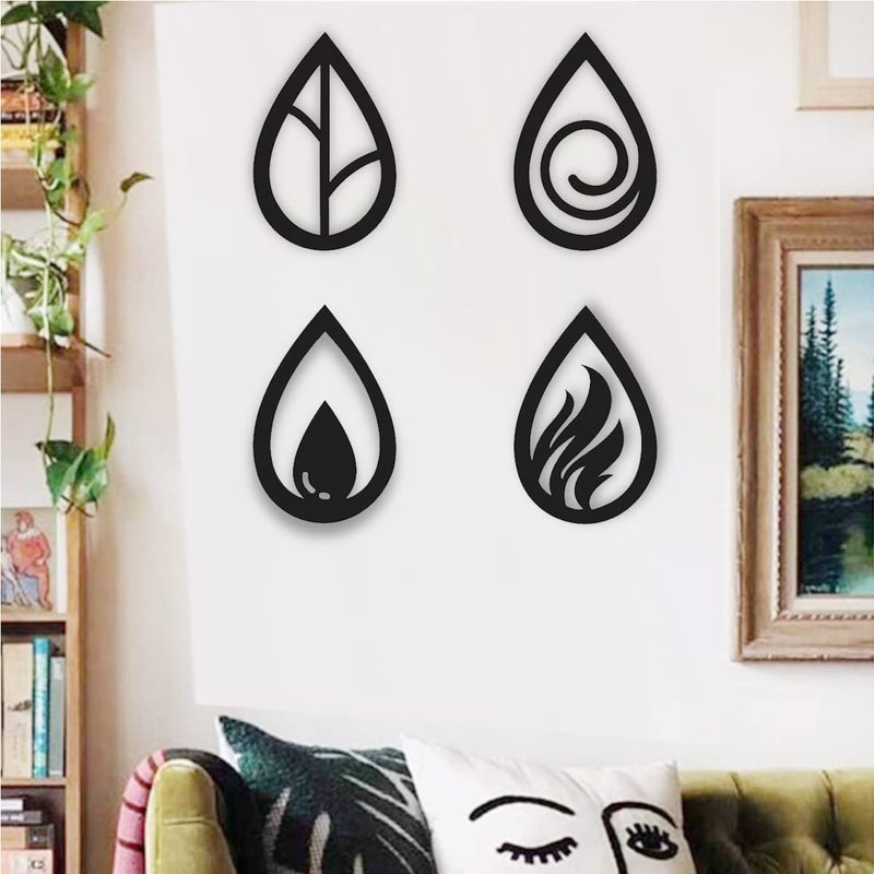 300Sparkles 4 Elements Wooden Wall Decor Water Drop Shape Hanging Frame Home Decorative Gift Item For Office Living Room Bedroom Kids Room Decoration Black 4 Pcs Set - Image 2