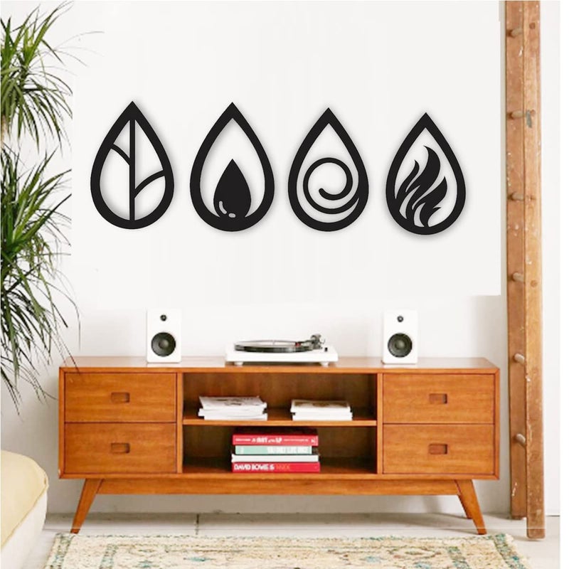 300Sparkles 4 Elements Wooden Wall Decor Water Drop Shape Hanging Frame Home Decorative Gift Item For Office Living Room Bedroom Kids Room Decoration Black 4 Pcs Set - Image 1