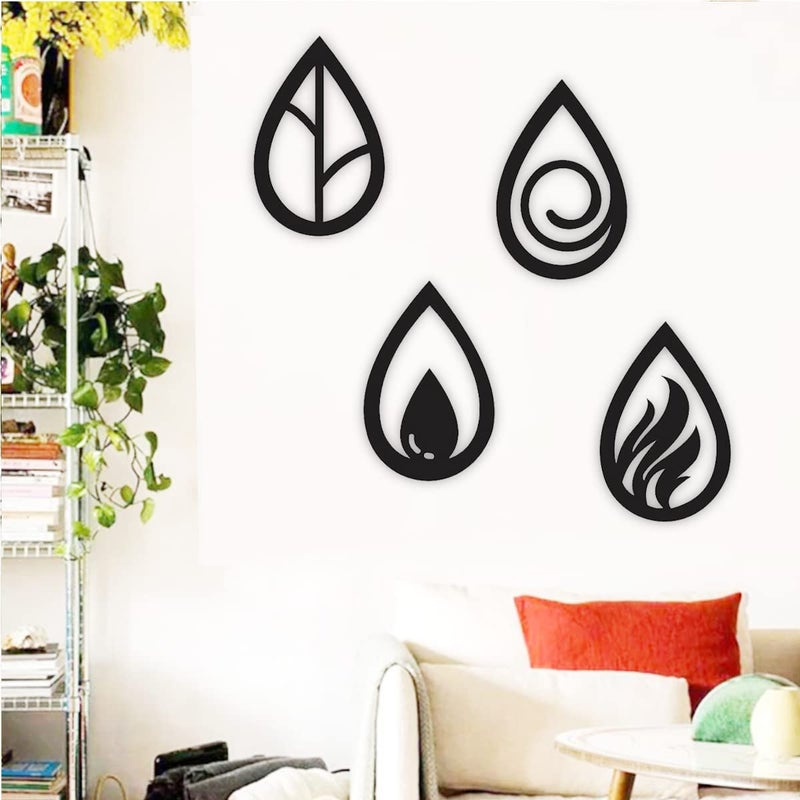 300Sparkles 4 Elements Wooden Wall Decor Water Drop Shape Hanging Frame Home Decorative Gift Item For Office Living Room Bedroom Kids Room Decoration Black 4 Pcs Set - Image 3