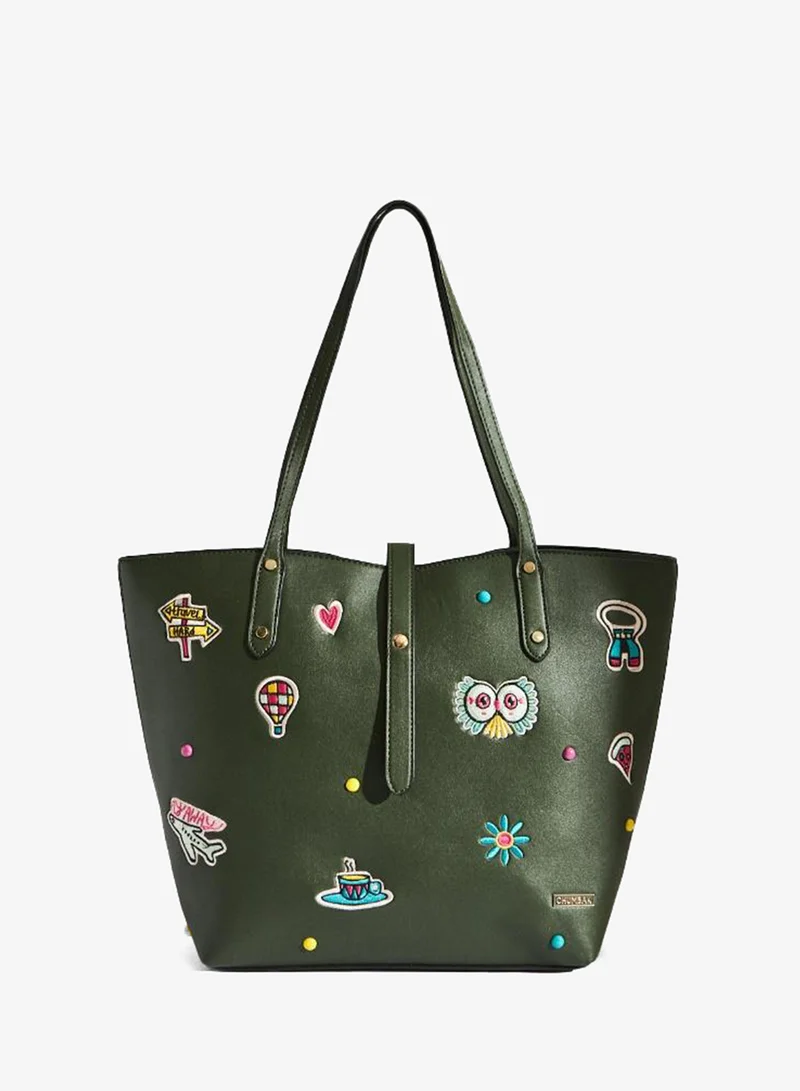 Chumbak Embroidered Tote | Travel Patches - Tan