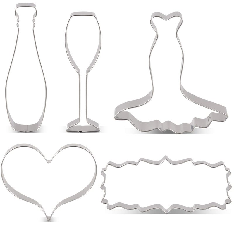 LILIAO LILIAO Wedding Cookie Cutter Set for AnniversaryBridalEngagement  5 Piece  Heart Wedding Dress Plaque Champagne and Champagne Glass Fondant Cutters  Stainless Steel