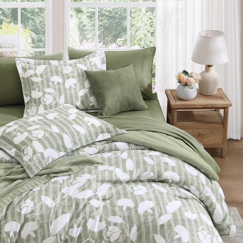 BLOOMHAVEN Full Comforter Set -7 Pieces Sage Green Floral Comforter Set for All Seasons, Bed in a Bag Full with Botanical Flowers Comforter, Sheets, Pillowcases & Shams - Image 3