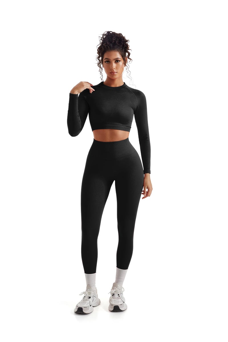 SUUKSESS Women 2 Piece Workout Sets Hidden Scrunch Hip Lifting Seamless Leggings Long Sleeve Yoga Crop Tops High Waisted Yoga Pants Tracksuits (Black, S) - Image 2