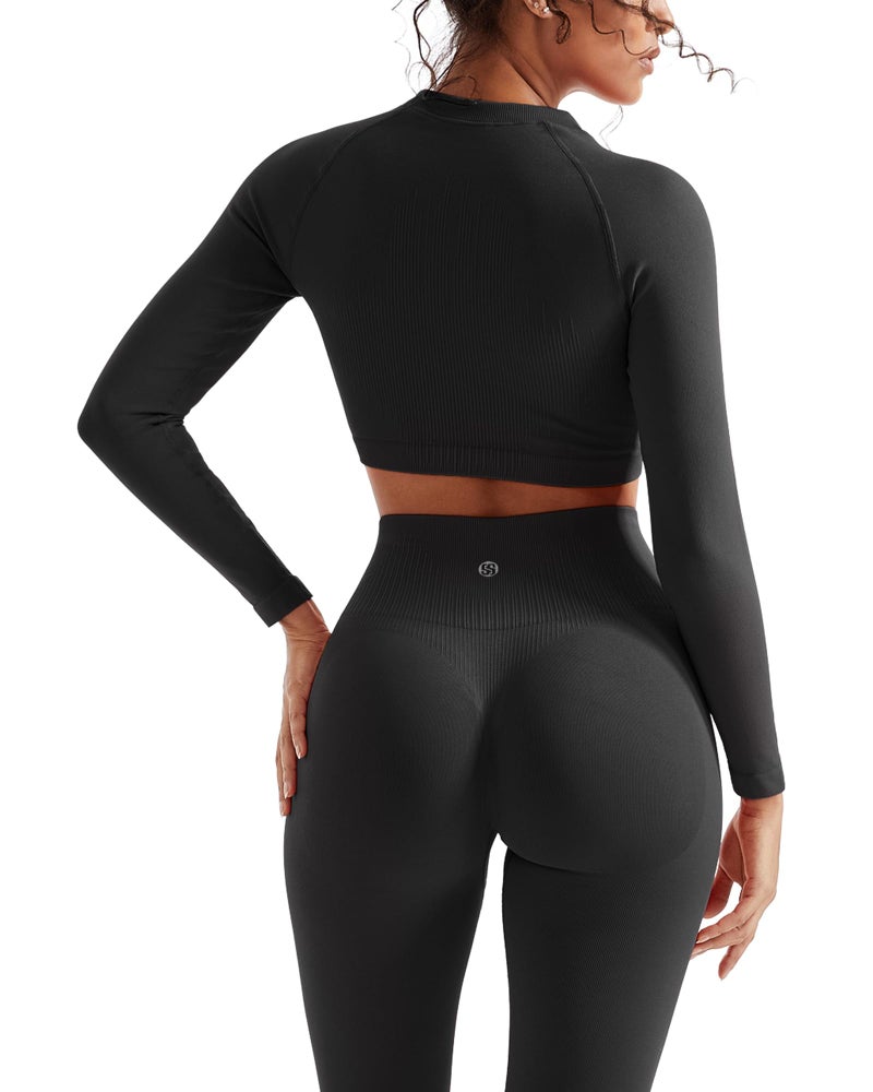 SUUKSESS Women 2 Piece Workout Sets Hidden Scrunch Hip Lifting Seamless Leggings Long Sleeve Yoga Crop Tops High Waisted Yoga Pants Tracksuits (Black, S) - Image 1