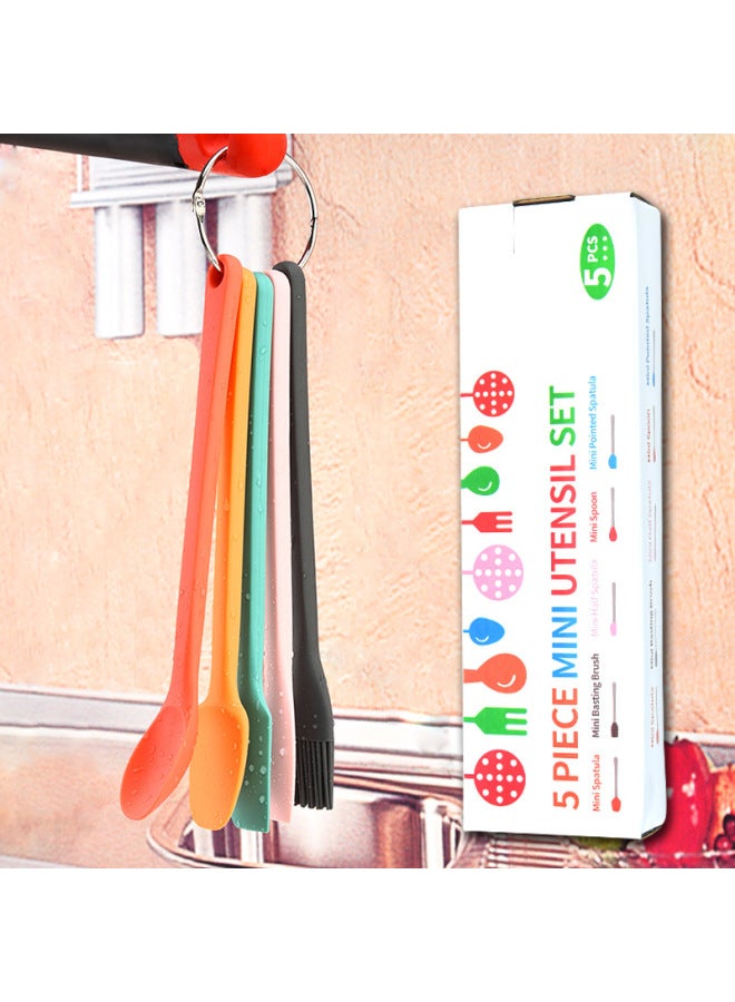 Color Mini Silicone Spatula 5-piece Set Heat-resistant Cream Spatula Cake Mixing Spatula Baking Tool Oil Brush-Color:Five-piece Set Of Colorful Silicone Scrapers + Steel Ring (packed In Color Box)  - Image 1