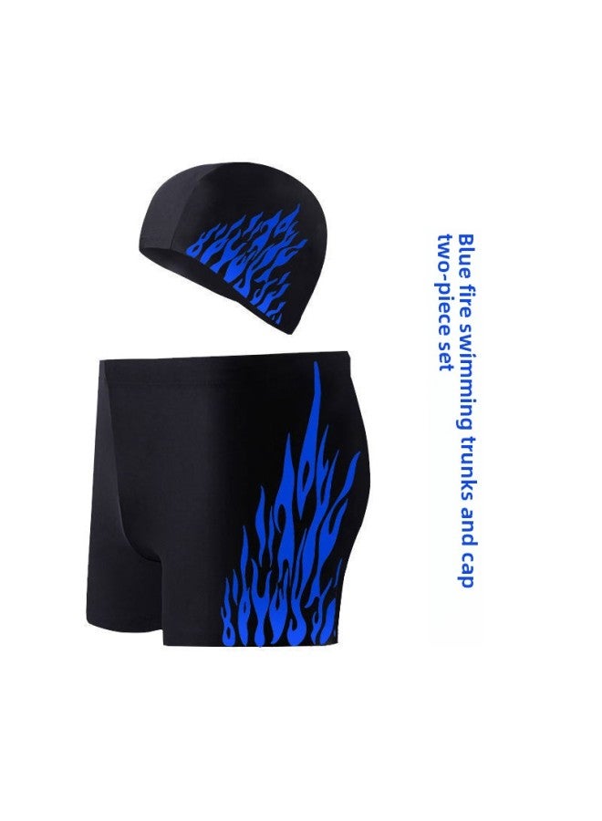 Generic Swimming Trunks Men's Anti-embarrassment Plus Size Men's Quick-drying Loose Hot Spring Swimsuit Equipment Suit-Color:Blue Fire Swimming Trunks + Swimming Cap (set Of Two)-Size:L( 40-50kg ) Refuse To Be Shoddy - Image 1