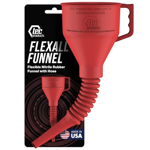 TEC Products FlexAll Long Flexible Funnel for Automotive Use Durable Nitrile Rubber Ideal for Car Oil Change Transmission Funnel Fluid Diesel Fuel Gas Made in USA Red 12 x 4 Inches