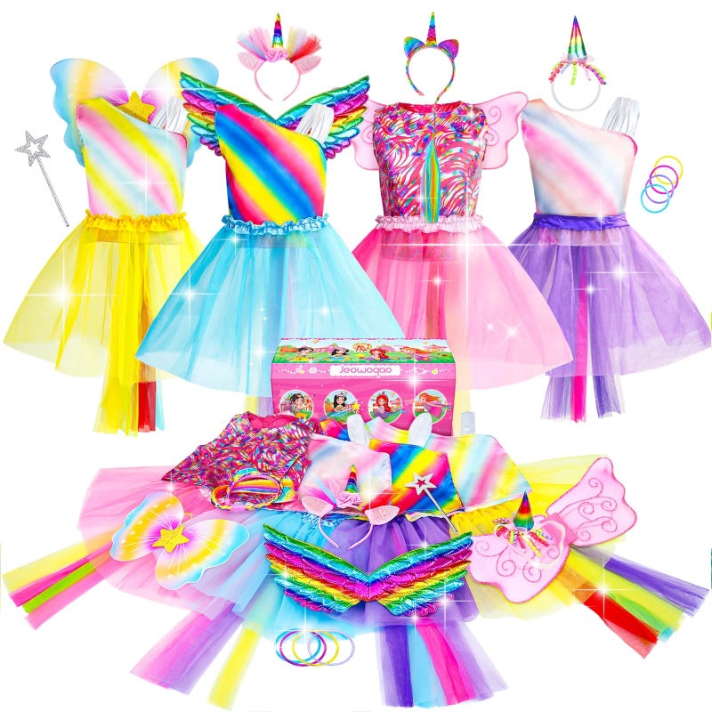 Jeowoqao Jeowoqao Girls Princess Dress Up Trunk Set 19 Pcs Rainbow Costume Set Toddler Girls Pretend Play Clothes for Little Girl Ages 36