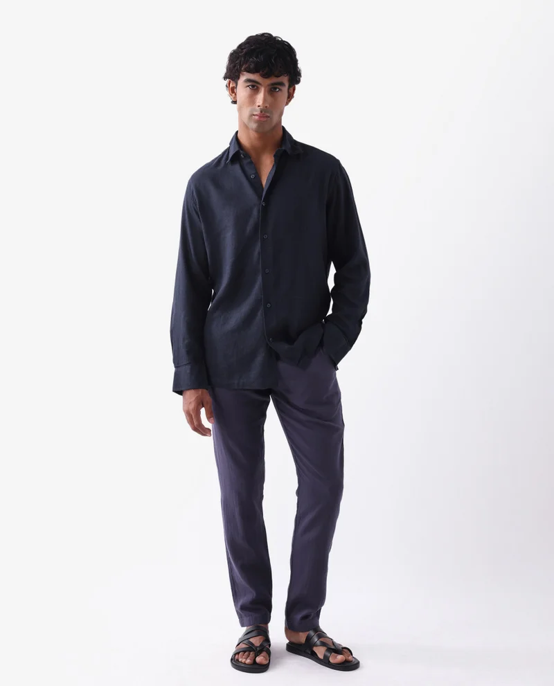 Rare Rabbit Rare Rabbit Men's Pastor-2 Dusky Purple Linen Blend Solid Mid-Rise With Drawstring And Elastic Waistband Regular Fit Trousers