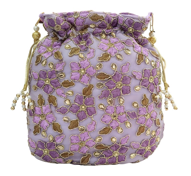 DUCHESS Designer Pink-Golden Polti Bag Pearl Handle and Tassel Ethnic Purse Women’s/Girls's Handbag for Party, Casual, Bridal (Purple) - Image 4