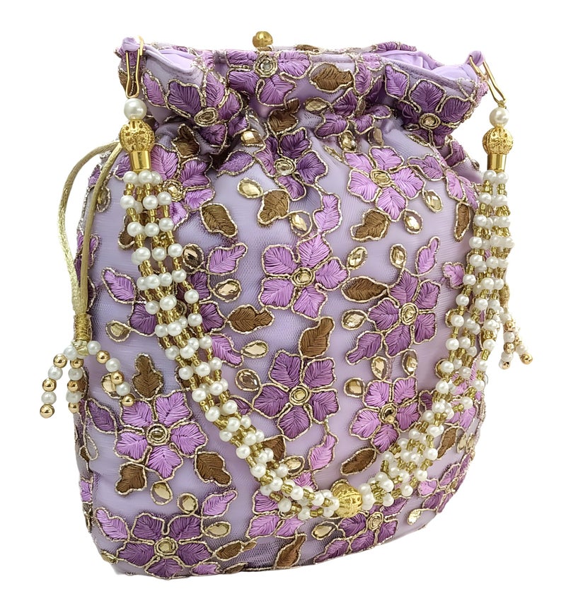 DUCHESS Designer Pink-Golden Polti Bag Pearl Handle and Tassel Ethnic Purse Women’s/Girls's Handbag for Party, Casual, Bridal (Purple) - Image 2