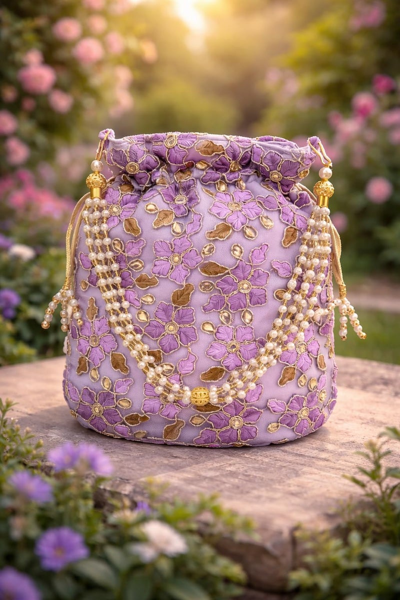 DUCHESS Designer Pink-Golden Polti Bag Pearl Handle and Tassel Ethnic Purse Women’s/Girls's Handbag for Party, Casual, Bridal (Purple) - Image 3
