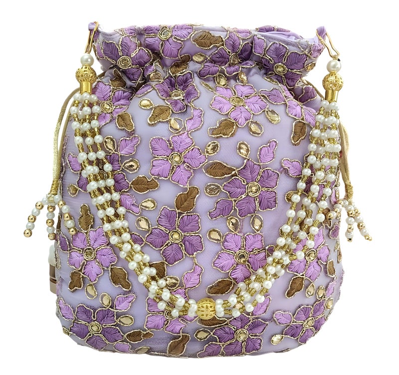 DUCHESS Designer Pink-Golden Polti Bag Pearl Handle and Tassel Ethnic Purse Women’s/Girls's Handbag for Party, Casual, Bridal (Purple) - Image 1