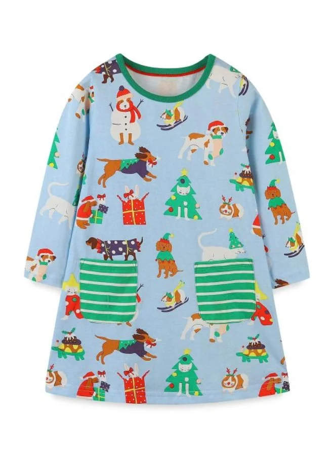 YUNIQEE Blue A-Line Crew Neck Printed Dress