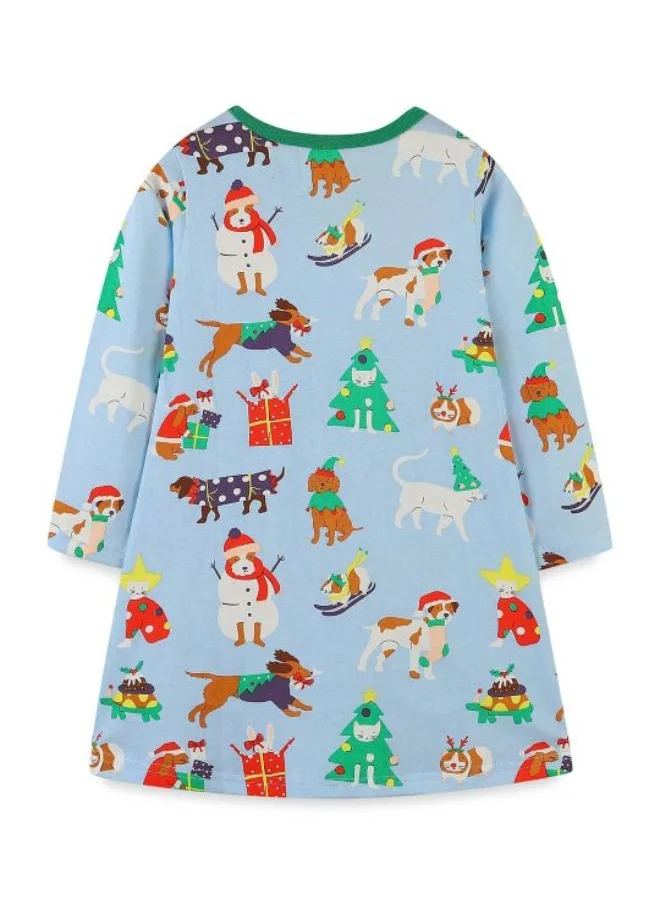 YUNIQEE Blue A-Line Crew Neck Printed Dress