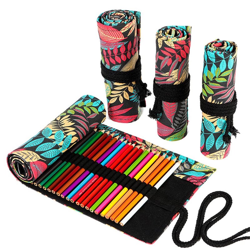 DIYOMR 243672 Slots Pencil Wrap Pencil Rolls Artist Colored Pencils Roll Up Bag Short Brushes Pouch Case Pencils Organizer for Drawing Coloring and Sketching Colorful Leaves 24slots