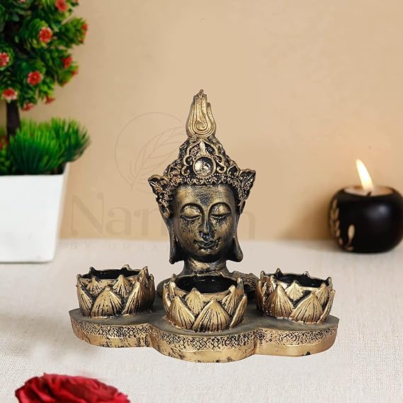 ARTBLITZ Buddha Statue for Home Decor Buddha Candle Holder Home Decoration Items for Living Room Home Wall Shelf Table Decoration Polyresin Black Gold