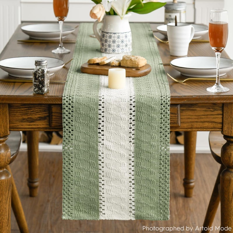 Artoid Mode Light Green Farmhouse Rustic Table Runner, Seasonal Hollow Kitchen Dining Table Decoration for Home Party Decor 12x72 Inch - Image 2