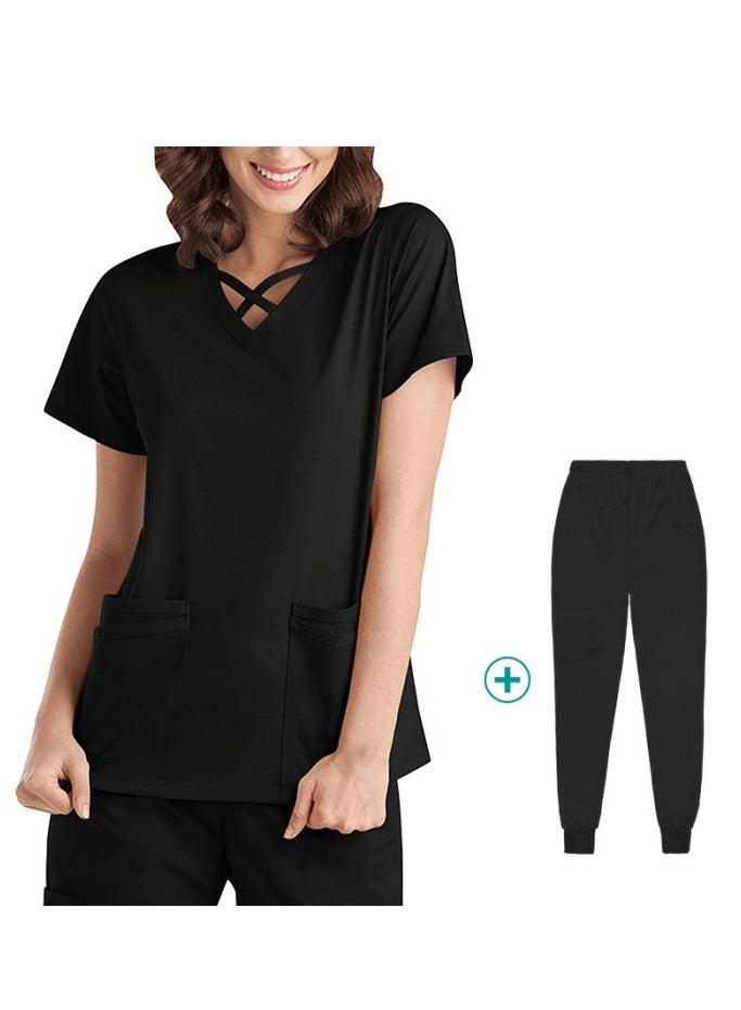 Loquat Womens Medical Uniform Scrubs 2 Piece Set V-Neck Top and Jogger Pants Suit Black - Image 1