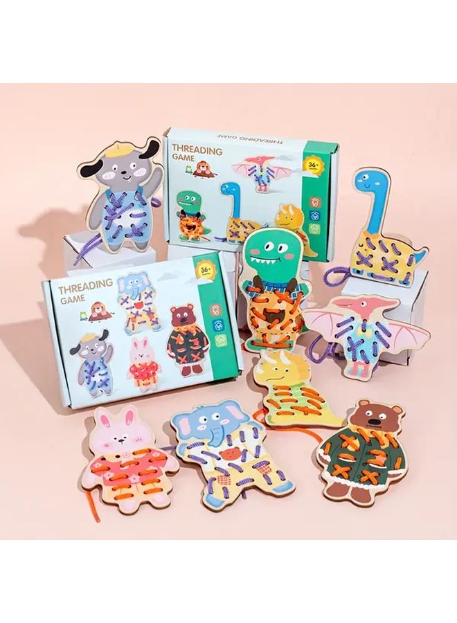 Wooden Dinosaur Rope Toy Animal Threading Game Hand Eye Coordination Skill Development Gift for Kids - Image 1