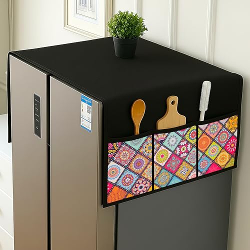 Fancy Walas Refrigerator Double Door Waterproof, Dustproof, Refrigerator Top Cover, Protective Covers for Fridges with Extra Storage Space Nylon Top Cover with 6 Storage Pockets ( Multi, 170 x 65 cm ) - Image 1