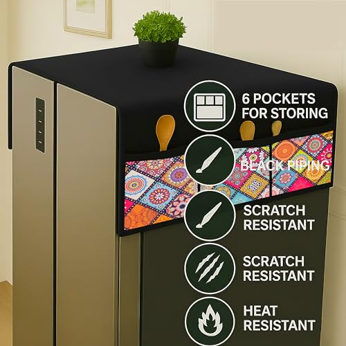 Fancy Walas Refrigerator Double Door Waterproof, Dustproof, Refrigerator Top Cover, Protective Covers for Fridges with Extra Storage Space Nylon Top Cover with 6 Storage Pockets ( Multi, 170 x 65 cm ) - Image 4