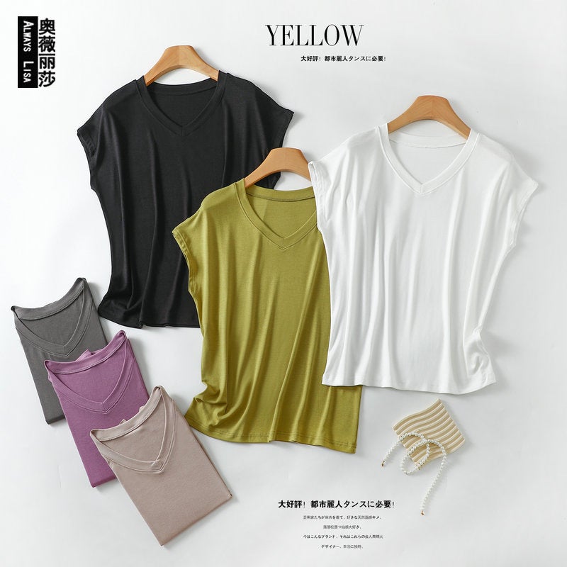 Modal Plus Size Mask V-Neck Bat Short-Sleeved T-Shirt Women'S All-Match Summer Loose Thin Base Shirt Outer Wear Top - Image 2