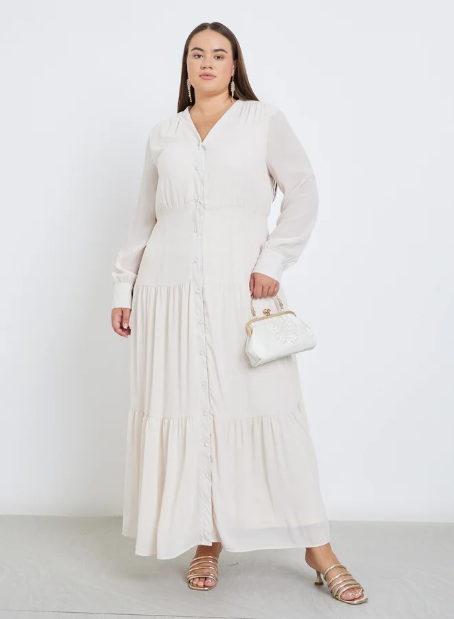 ستايلي Styli Plus Tiered Maxi Dress with Buttons