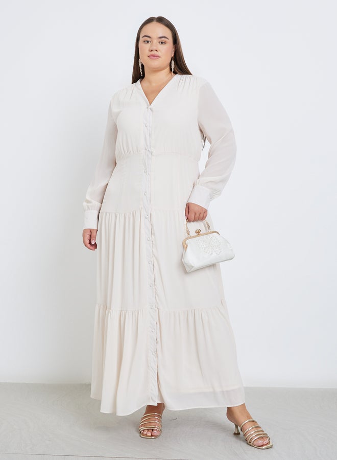 Styli Plus Tiered Maxi Dress with Buttons - Image 1