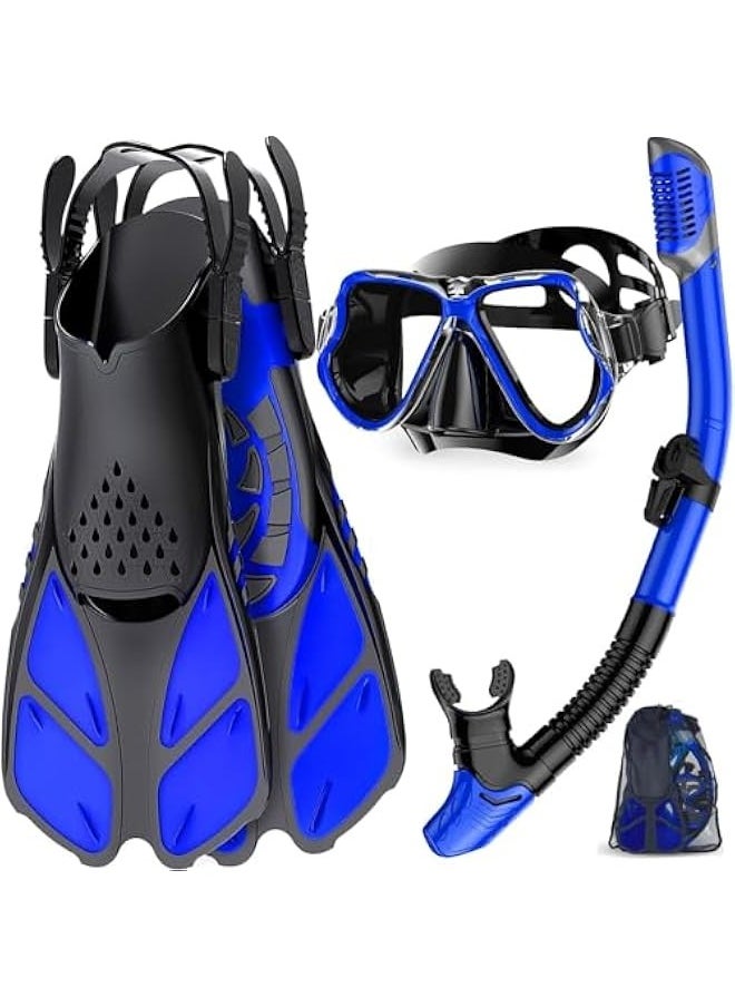 TRASSLE Mask Fins Snorkel Set Adults Men Women, Swim Goggles Panoramic View Anti-Fog Anti-Leak Dry Top Snorkel and Dive Flippers Kit with Gear Bag for Snorkeling Swimming Scuba Diving  - Image 1