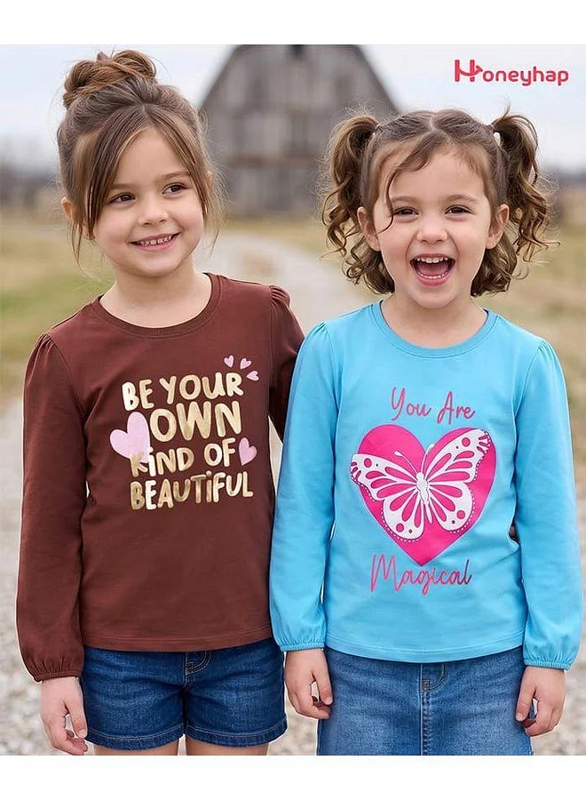 Honeyhap Honeyhap Premium 100% Cotton Knit Text Foil & Butterfly Hearts Printed T-Shirts With Bio Wash, Pack of 2 - Blue & Brown