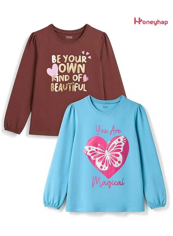 Honeyhap Honeyhap Premium 100% Cotton Knit Text Foil & Butterfly Hearts Printed T-Shirts With Bio Wash, Pack of 2 - Blue & Brown