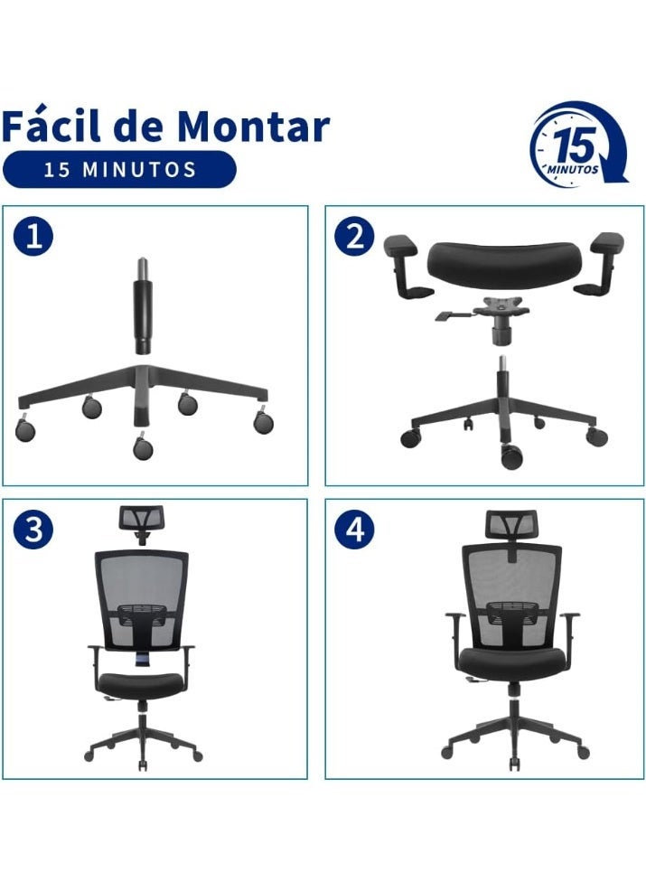Ergonomic mesh office chair with high back, adjustable armrests with rocking function, adjustable headrest and backrest, black - Image 2