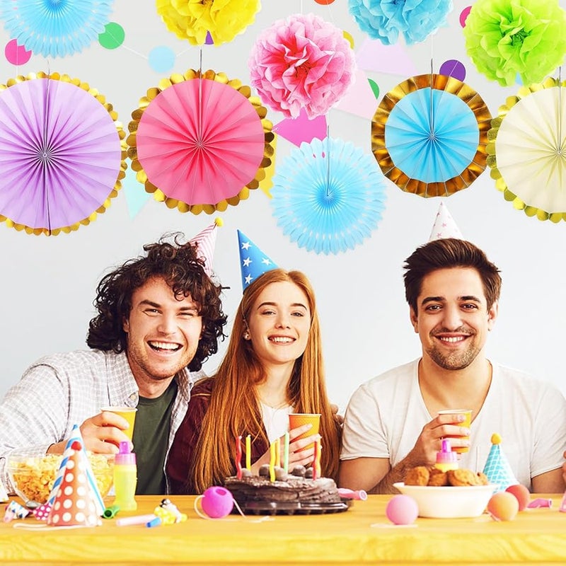 طقم زينة مروحة ورق باستيل مع بوم بوم ولافتة لحفلة عيد ميلاد في الفصل الدراسي - Image 4