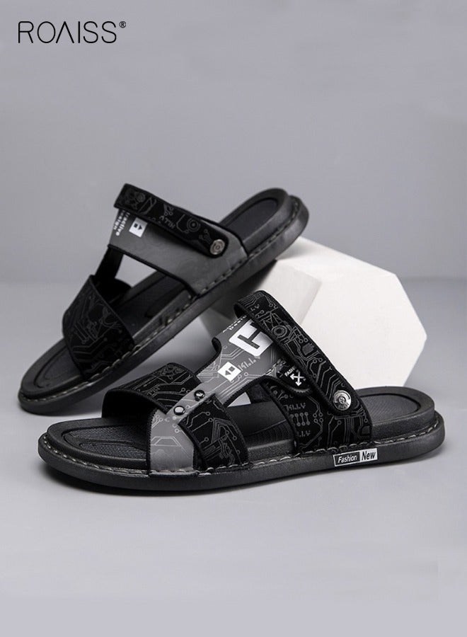 رويس صنادل رجالية أنيقة مفتوحة الأصابع للشاطئ سهلة الارتداء بنقوش حروف، نعال خارجية مريحة قابلة للتنفس ومقاومة للصدمات ومقاومة للتآكل مع نعل مرن باللون الأسود - Image 1