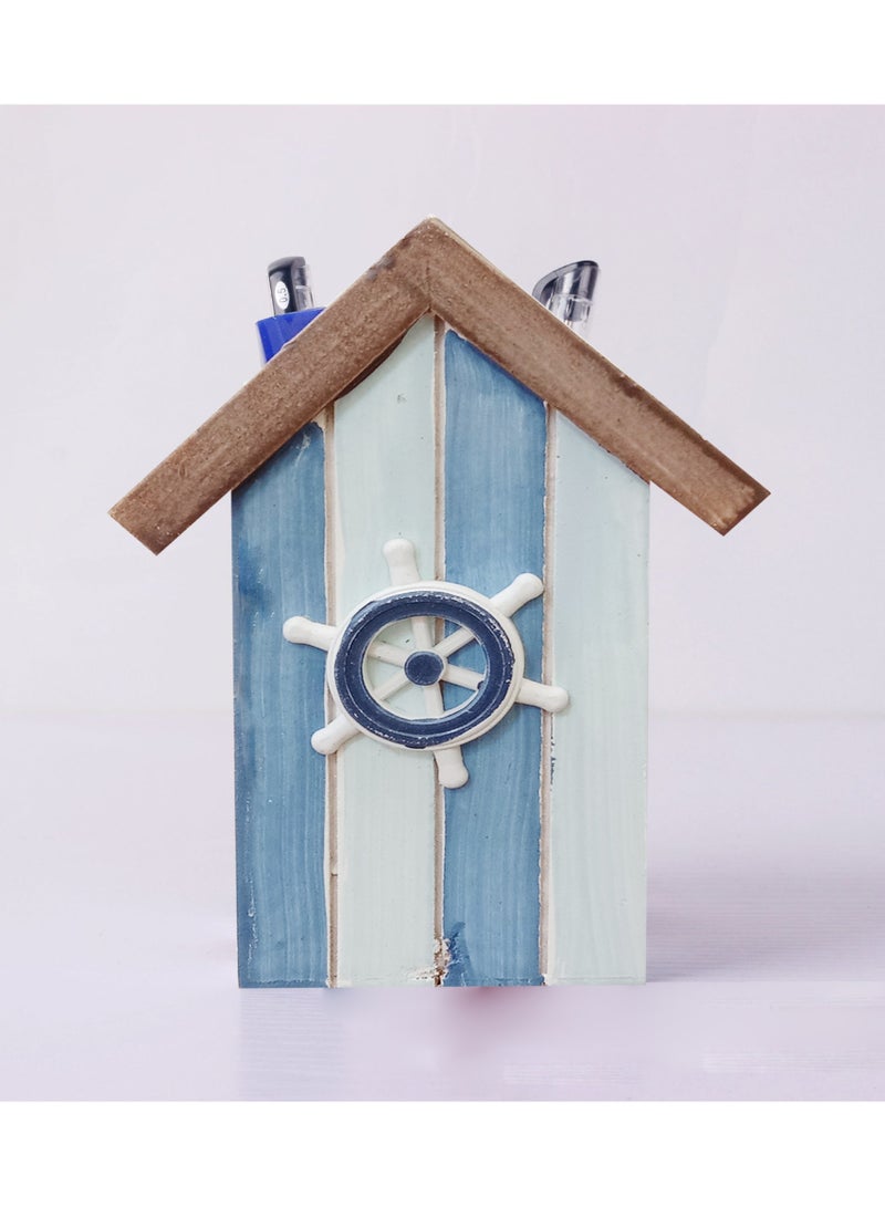 YINZUO Table Pencil Storage Holder Nautical Striped Desk Organizer Beach-Themed Pen Holders with Sailboat, Lifebuoy, Starfish, and Bird Decor - Image 1