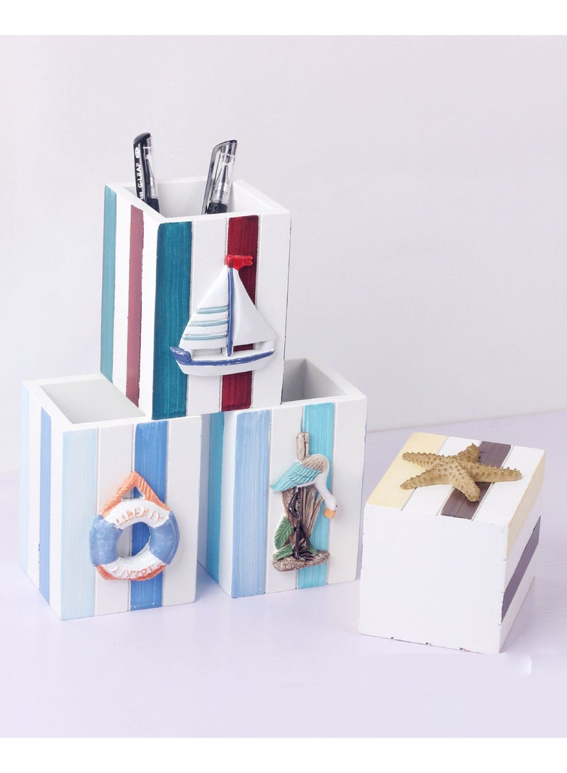 YINZUO Table Pencil Storage Holder Nautical Striped Desk Organizer Beach-Themed Pen Holders with Sailboat, Lifebuoy, Starfish, and Bird Decor - Image 3
