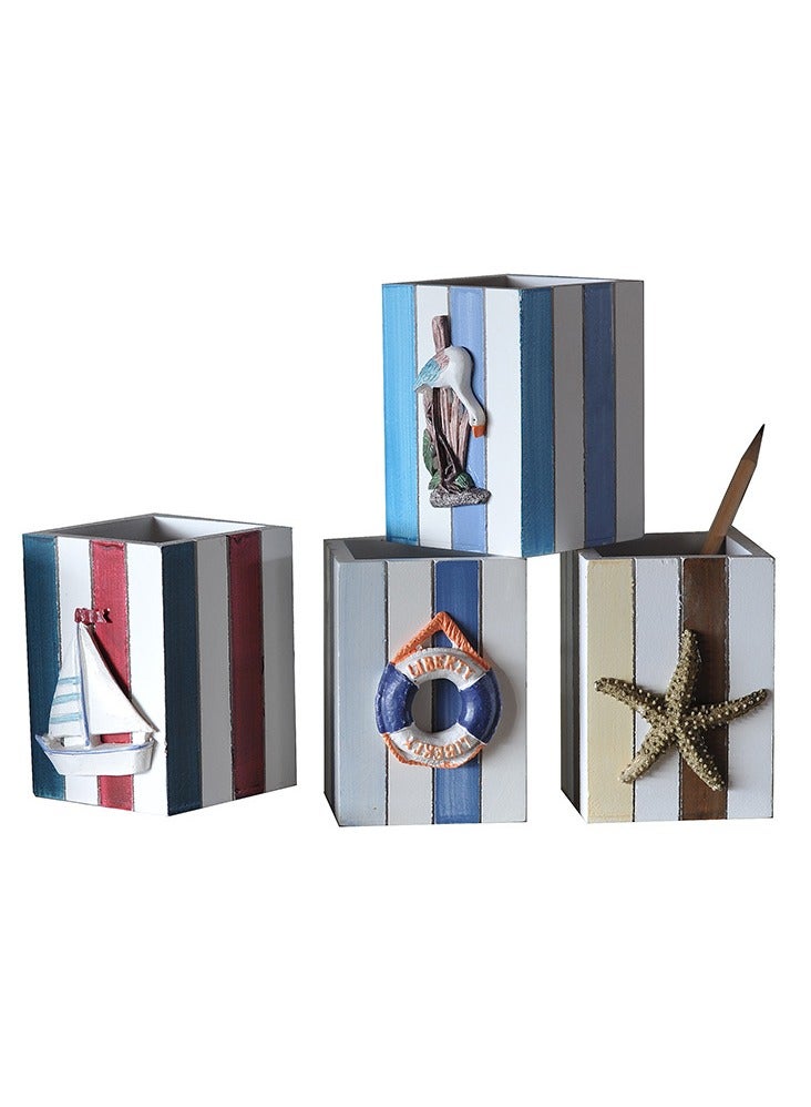 YINZUO Table Pencil Storage Holder Nautical Striped Desk Organizer Beach-Themed Pen Holders with Sailboat, Lifebuoy, Starfish, and Bird Decor - Image 5