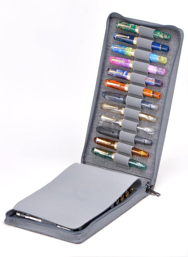 Asvine 24 Fountain Pen Case Gray Organizer Bag - Premium Waterproof Canvas Pen Display Holder, Individual Slot Zippered Style Storage Case - Image 4