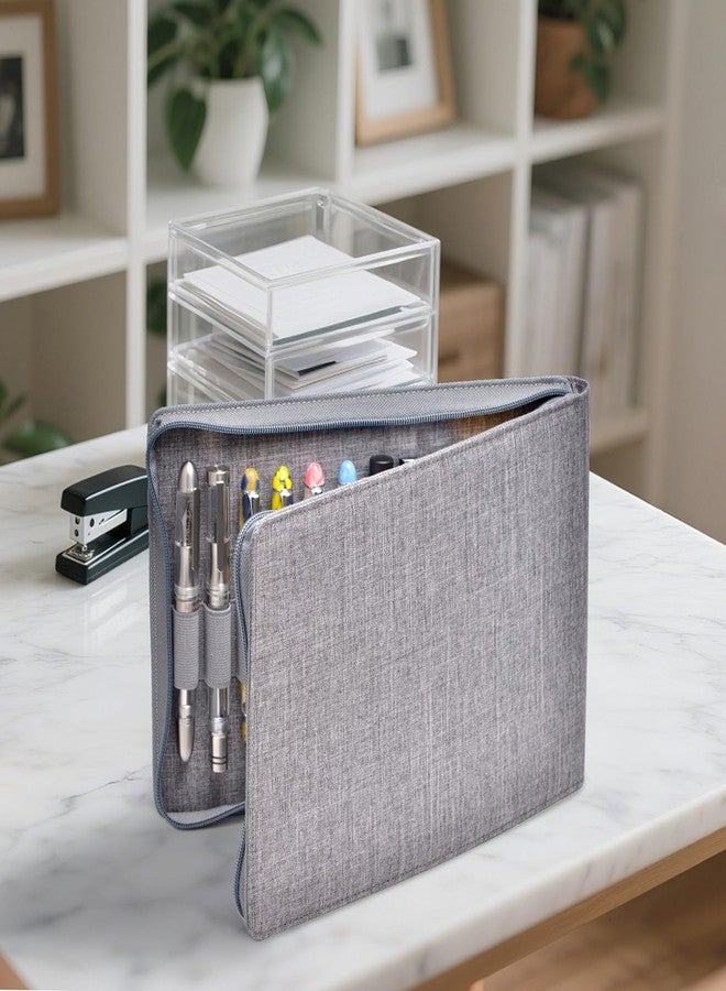 Asvine 24 Fountain Pen Case Gray Organizer Bag - Premium Waterproof Canvas Pen Display Holder, Individual Slot Zippered Style Storage Case - Image 3