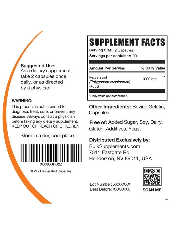 BulkSupplements - Com Resveratrol Capsules Resveratrol Supplement Resveratrol 1000Mg Resveratrol Antioxidant Polygonum Cuspidatum Antioxidants Source 2 Capsules Per Serving 180 Capsules - Image 1