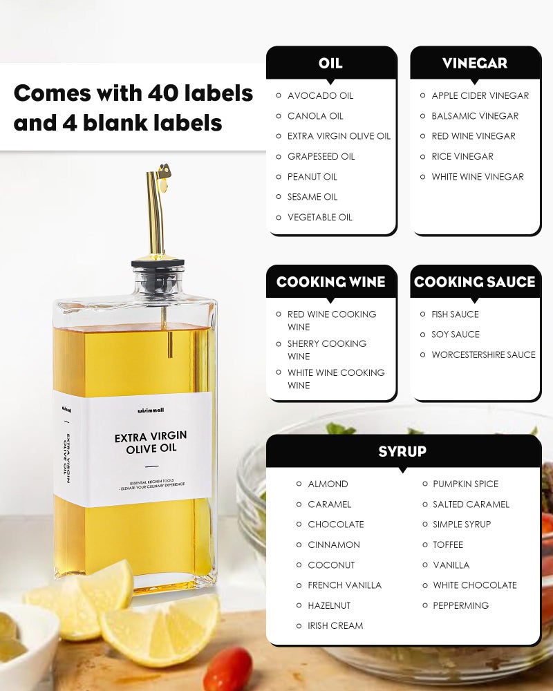 WISIMMALL Olive Oil Dispenser For Kitchen, Glass Oil Bottle 500ML Oil And Vinegar Dispenser Set Of 2, Cooking Oil Dispenser With 2 Stainless Steel Pourers & 44 Labels, Soy Sauce Dispenser, Coffee Syrup Bottles - Image 4