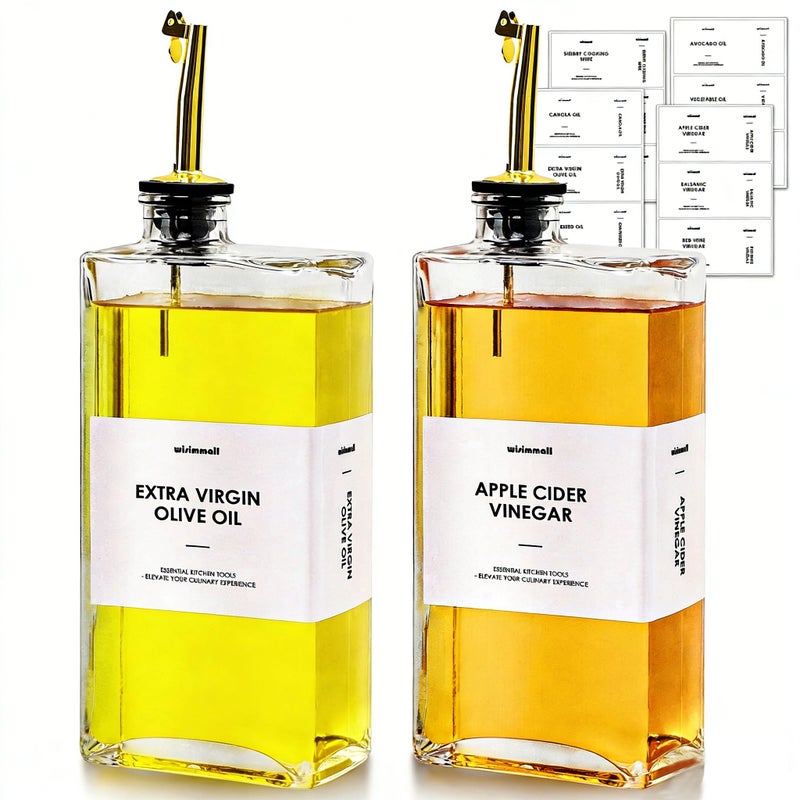 WISIMMALL Olive Oil Dispenser For Kitchen, Glass Oil Bottle 500ML Oil And Vinegar Dispenser Set Of 2, Cooking Oil Dispenser With 2 Stainless Steel Pourers & 44 Labels, Soy Sauce Dispenser, Coffee Syrup Bottles - Image 1