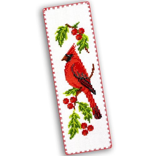 Povitrulya Cardinal Counted Cross Stitch Bookmark Kit DIY Embroidery Set Hand Made Gift for Adults and Kids with a Redbird Sitting on a Christmas Mistletoe - Image 1