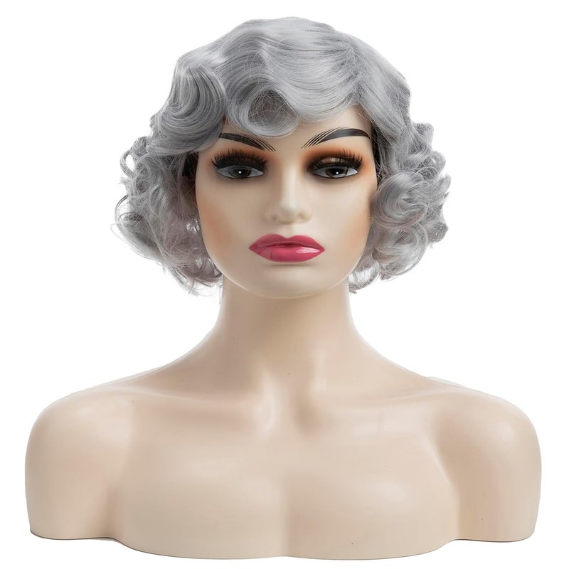 Baruisi Short Curly Grey Wigs for Women Synthetic Natural Wavy Costume Cosplay Party WigGrey
