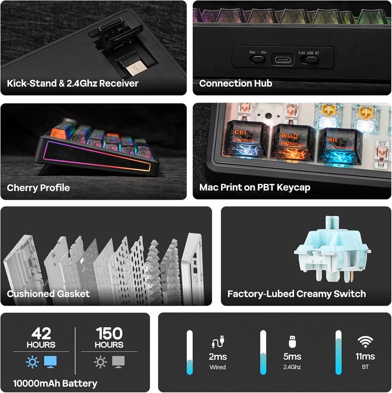 EPOMAKER TH80 V2 PRO Wireless Mechanical Keyboard, Screen & Knob, 10000mAh & 2.4G/BT, Hot-Swap, PBT Keycap, Mac Modifier, RGB, Creamy Gasket, Custom Gaming Keyboard for Mac/PC (Black, Creamy Jade) - Image 2