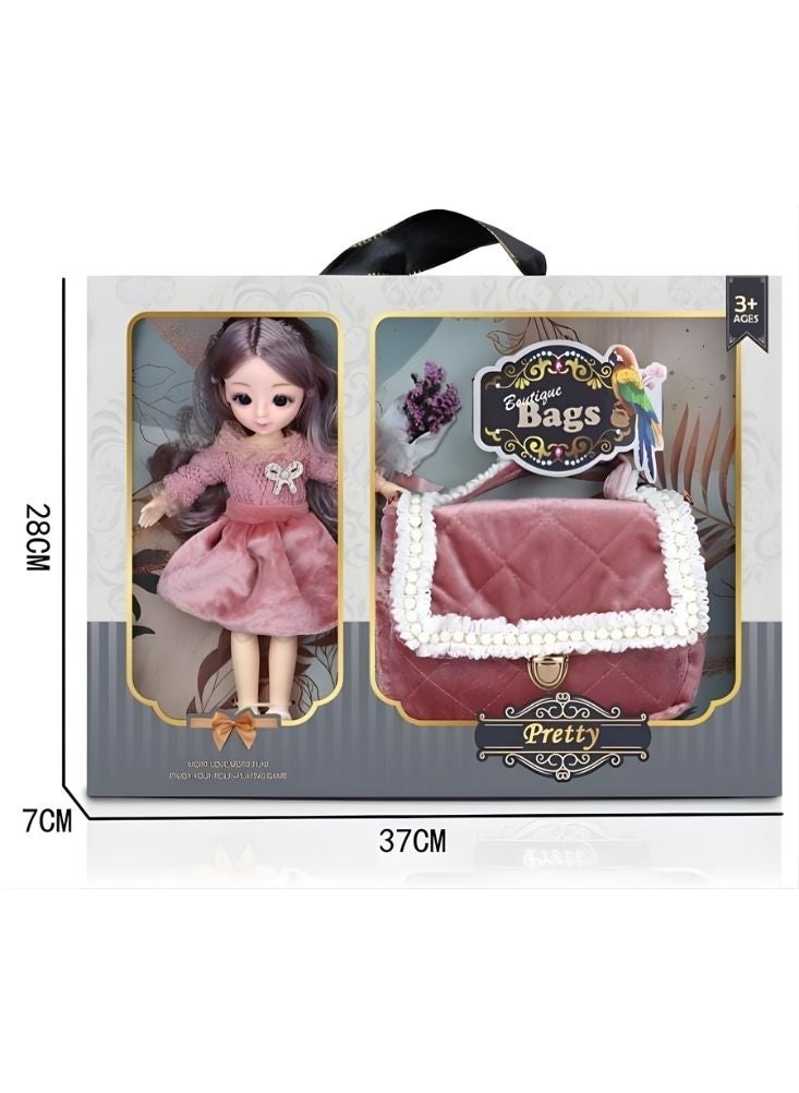 بريميم مجموعة دمية أزياء مع حقيبة يد بوتيك وردية – مجموعة هدايا أنيقة لدمية فتاة مع إكسسوارات - Image 1