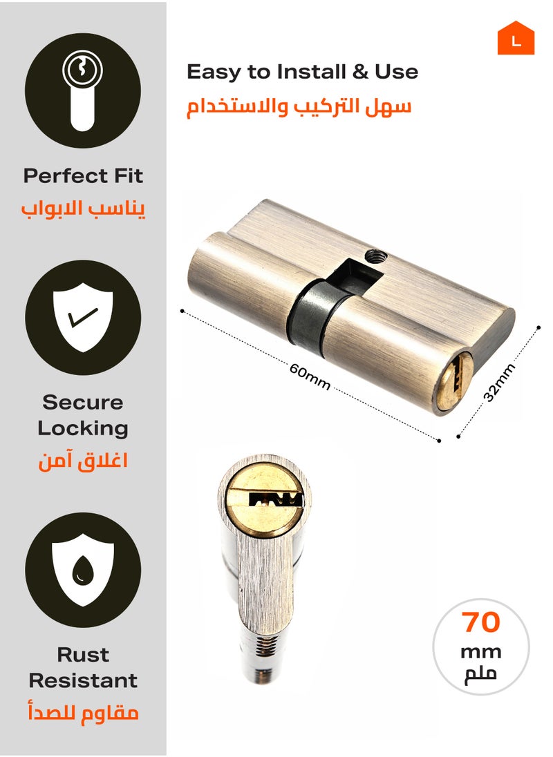 قلب قفل ممتاز 70 ملم - قفل أمان مع هيكل نحاسي وسطح مطلي بالزنك، تصميم سهل التركيب مع مفتاح للأبواب، متين ومقاوم للصدأ لأصحاب المنازل والممتلكات والمقاولين