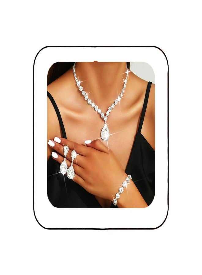 Unicra Silver Wedding Jewelry Set Rhinestone Necklace Earrings Bracelet Sets Prom Formal Costume Jewelry for Women and Brides (Silver) - Image 1